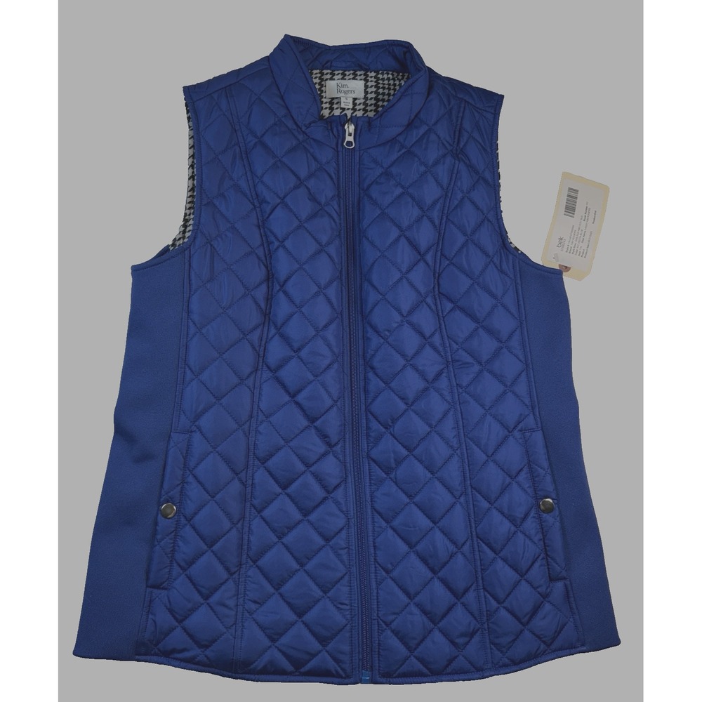 Kim‎ Rogers Quilted Vest Delta Blue Full Zip Pockets Women's SZ Small NEW